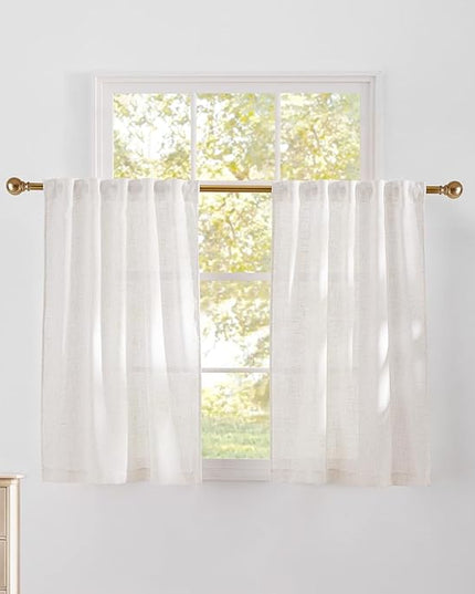 NICETOWN Natural Thick Linen (230GSM) Kitchen Window Curtains Over Sink, Back Tab & Rod Pocket with Pleat Tab Upmarket Linen Blend Light Filtering Drapes for Cafe, W29 x L30, 2 Panels