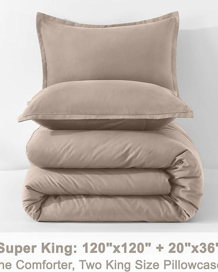 Litanika Light Coffee Oversized King Comforters Super King Size, 3 Pieces Lightweight Solid Bedding Comforter Set, All Season Fluffy Bed Set (120x120In Comforter & 2 Pillowcases)