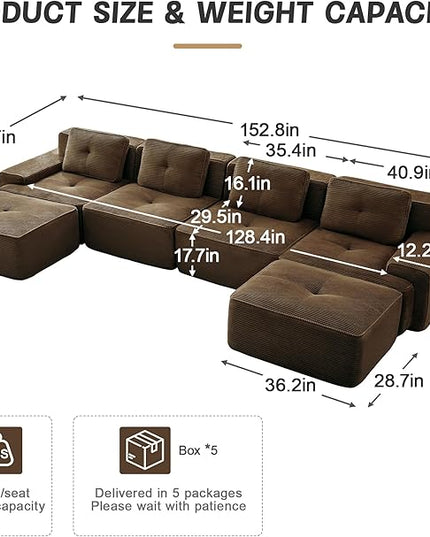 Hommoo 153" Oversized Sectional Sofa, Modular U Shaped Couch with Ottoman, Comfy Corduroy Couches with Deep Seat, 6 Seat Convertible Boneless Sofa for Living Room No Assembly Required Brown