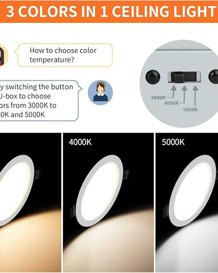 Meconard 4 Pack 4 Inch LED Recessed Ceiling Light with Junction Box, 3000K/4000K/5000K Selectable, 9W=75W 750LM, Dimmable Canless Downlights, ETL and Energy Star Listed