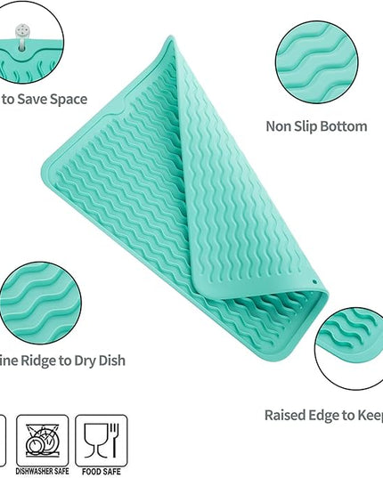 Silicone Dish Drying Mat for Multiple Usage,Easy clean,Eco-friendly,Heat-resistant Silicone Mat for Kitchen Counter or Sink,Refrigerator or drawer liner Mint L 16 inches x 12 inches