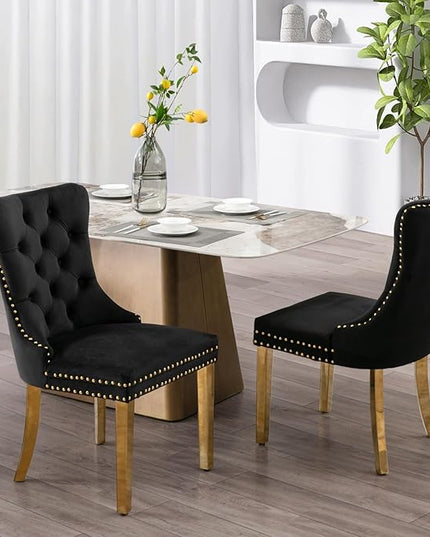 SoarFlash Velvet Dining Chair Set of 2, Upholstered Tufted Dining Room Chair with Nailhead Trim and Solid Gold Plated Leg for Kitchen (Black)