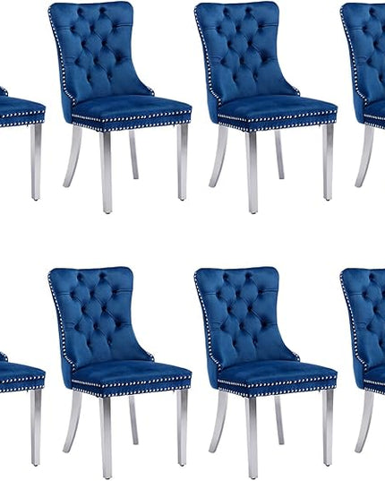 SoarFlash Velvet Dining Chair Set of 8, Upholstered Tufted Dining Room Chair with Nailhead Trim and Solid Silver Plated Leg for Kitchen (Blue)