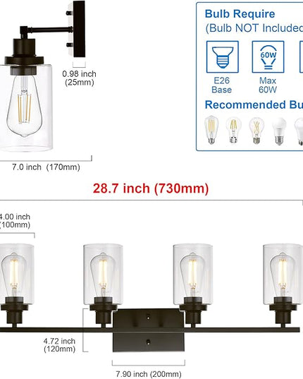 MELUCEE 4 Lights Wall Sconce Lighting Oil Rubbed Bronze Finished with Clear Glass, Bathroom Vanity Light Fixtures Wall Lights Bedroom Porch Kitchen Living Room (Patent No.: US D963914 S)