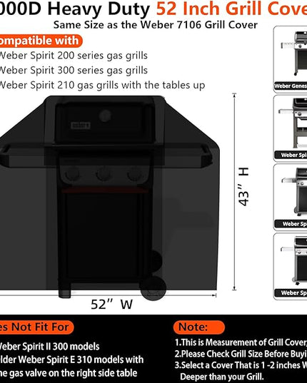 [Upgraded 1000D Heavy Duty Fabric] 52" Grill Cover for Weber Spirit 200 and 300 Series Outdoor Gas Grills, Super Waterproof BBQ Cover, Tear & Fade Resistant 7106 Grill Cover for Weber with Buckle