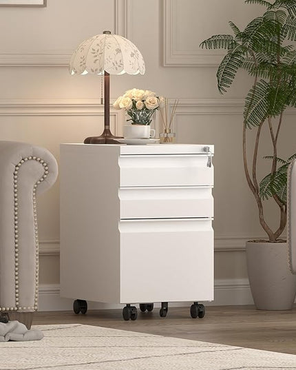 File Cabinet,3 Drawer File Cabinet with Lock,Metal Filing Cabinets with Wheels Under Desk,Small Moblie File Cabinets for Home Office,School,Letter/Legal/A4 Size,White