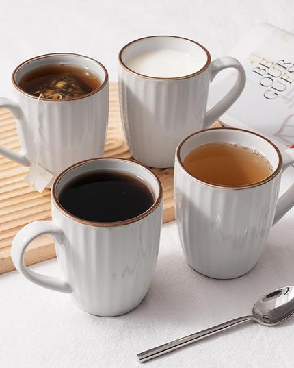 famiware Coffee Mugs Sets for 4, 12 oz Mug Set, Coffee Cups with Handle for Coffee, Tea, Cocoa and Milk, Microwave and Dishwasher Safe, White Stripe