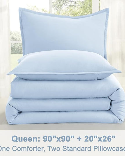 Litanika Comforters Light Blue Queen Size, 3 Pieces Lightweight Solid Bedding Comforter Set, All Season Fluffy Bed Set (90x90In Comforter & 2 Pillowcases)