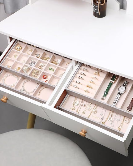 LANDICI Stackable Jewelry Organizer Trays 4 Set,PU Leather Jewelry Organizer Drawer,Jewelry Storage Display Tray for Earring Necklace Rings Bracelet with Removable Dividers,Grey