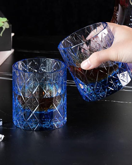 KAMMAK Crystal Whiskey Glass Set of 2, 7.78 oz (230 ml) Handmade Old Fashioned Tumbler, Thick Base Colored Glass with Delicate Rim & Seamless Design for Scotch, Bourbon, Cocktails, Blue 12-Facet
