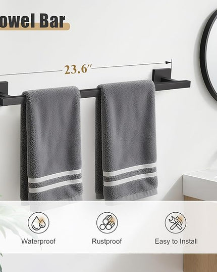 YACVCL 5-Pieces Matte Black Bathroom Hardware Accessories Set 23.6 Inch Towel Bar Set Upgraded Toilet Paper Holder with Shelf Stainless Steel Wall-Mounted Bathroom Hardware Set