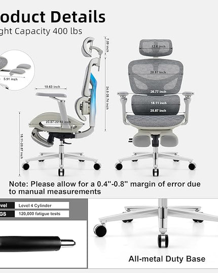 Ergonomic Home Office Desk Chair with Massage Lumbar Support，4D Headrest & 5D Armrests, Reclining Big and Tall 400LBS Mesh Chair with Footrest，Adjustable Back High and Seat Depth(Gray)