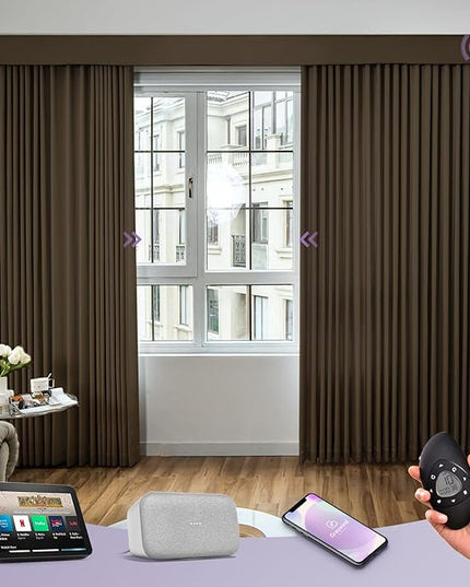 Graywind Rechargeable Smart Curtains Compatible with Alexa App Remote Control Motorized Drape for Sliding Door One-Way or Split Draw, Custom Width Up to 220" (Carob Brown)