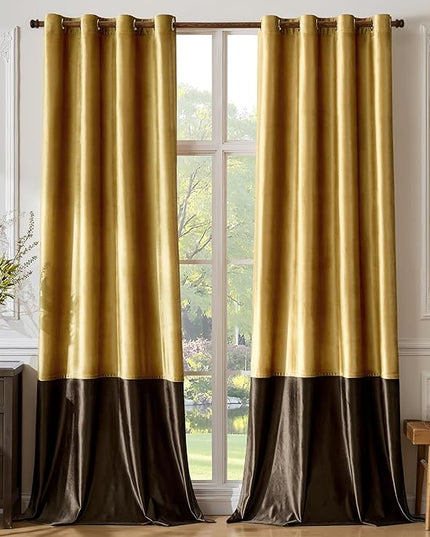 BULBUL Color Block Window Curtains Panels 102 inches Long Gold Brown Velvet Farmhouse Drapes for Bedroom Living Room Darkening Treatment with Grommet Set of 2