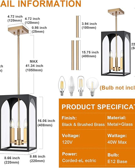 VINLUZ 3 Lights Outdoor Pendant Light Fixture in Black and Brushed Brass Finish, Classic Indoor Outdoor Hanging Lantern Lighting with Clear Glass Shade for Porch Entryway Hallway
