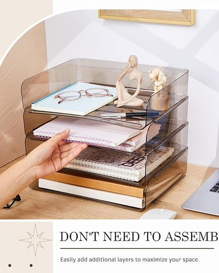 Harloon 4 Tier Acrylic Paper Tray 13 x 9.8 x 3 Inches Stackable Letter Clear Organizer No Need to Assemble Acrylic Paper Organizer File Tray for Office Workspace Desktop Storage (Transparent Gray)