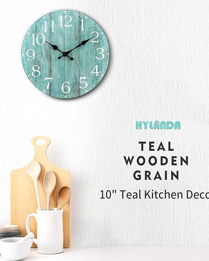 HYLANDA Wall Clock, 10 Inch Teal Silent Non-Ticking Kitchen Decor, Rustic Vintage Country Retro Decorative Clocks Battery Operated for Bathroom Bedroom Living Room Office(Aqua)