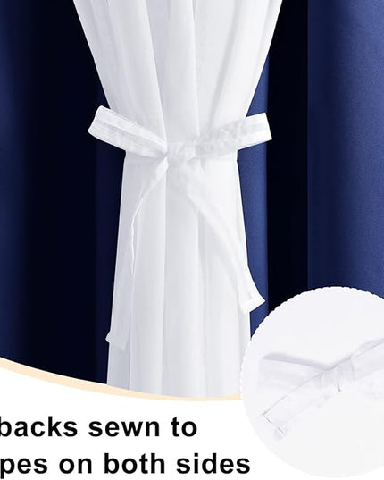 Hiasan Blackout Curtains with Sheer Overlay, Thermal Insulated Privacy Mix and Match Double Layer Window Curtains for Bedroom, Living Room, 2 Drape Panels Sewn with Tiebacks, Navy Blue, 42W X 63L