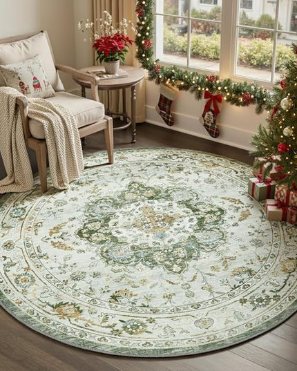 PADOOR-Vintage 6FT Round Rug-Rugs for Living Room-Soft Green Circle Rug-Machine Washable Rugs for Bedroom-Non Slip Carpet-Rug for Dining Room Living Room Bedside Office