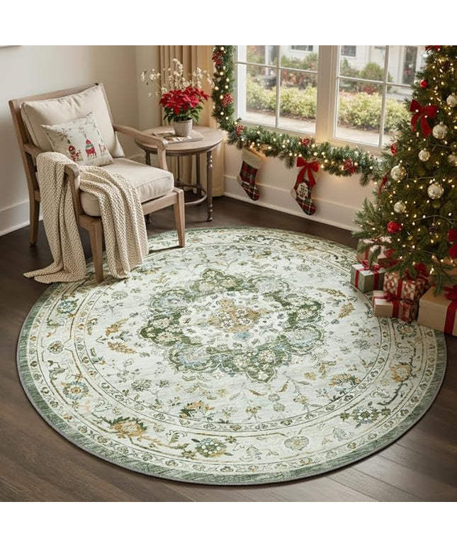 PADOOR-Vintage 6FT Round Rug-Rugs for Living Room-Soft Green Circle Rug-Machine Washable Rugs for Bedroom-Non Slip Carpet-Rug for Dining Room Living Room Bedside Office