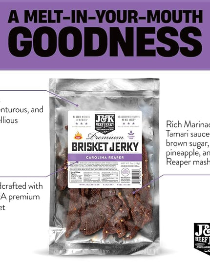 J&K Jerky Carolina Reaper Beef Brisket Jerky - Small Batch American Made Slab Beef Jerky's Spicy and Savory Snack with a Kick - Bold & Flavorful Snack! - 7oz Big Bag of Jerky's