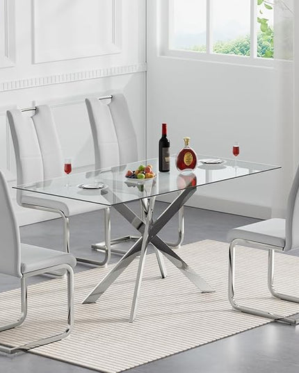 7 Piece Glass Dining Table Set, Glass Kitchen Dining Room Table Set for 6, Modern 51" Rectangular Silver Glass Metal Dining Table with 6 Grey Leather Dining Chairs for Kitchen Dining Room