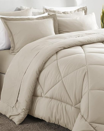 CozyLux Full Size Comforter Sets Oatmeal - 7 Pieces Bed in a Bag Full, Luxury Soft Bed Set for All Seasons, Bedding Set with Down Alternative Comforter, Sheets, Pillowcases & Shams