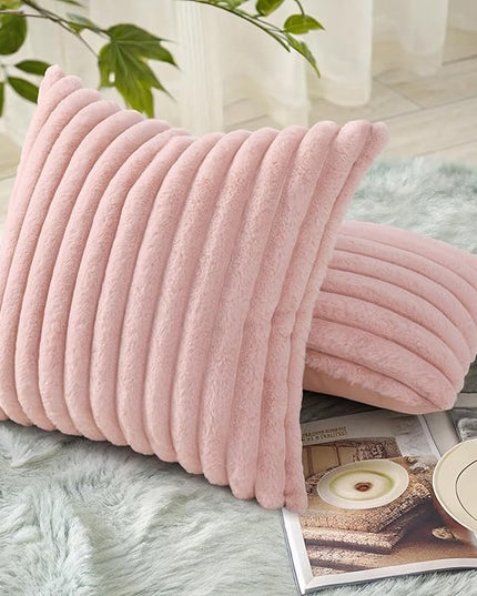 decorUhome Faux Fur Spring Throw Pillow Covers 16x16 Set of 2, Decorative Soft Plush Striped Neutral Couch Euro Pillow Covers with Velvet Back for Sofa, Bed, Living Room Home Decor, Pink
