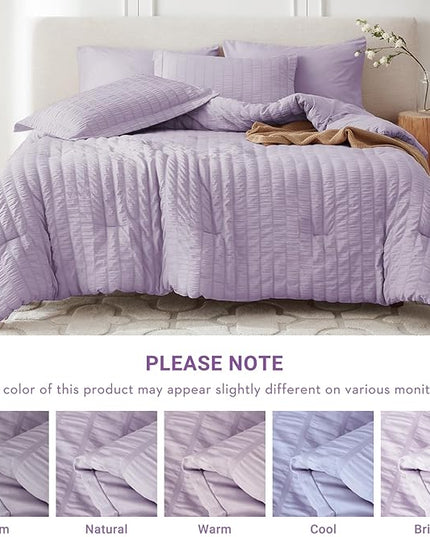 MUXHOMO 7 Pieces California King Comforter Set, Seersucker Bed in a Bag Cal King Size, All Season Luxury Bedding Set with Comforter, Flat Sheet, Fitted Sheet, Pillowcases & Shams, Lavender