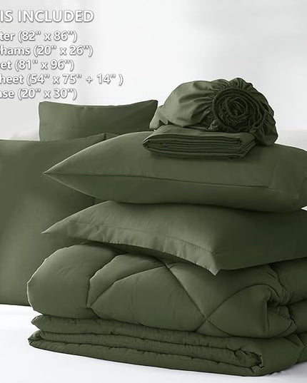 CozyLux Full Size Comforter Sets Olive Green - 7 Pieces Bed in a Bag Full, Luxury Soft Bed Set for All Seasons, Bedding Set with Down Alternative Comforter, Sheets, Pillowcases & Shams