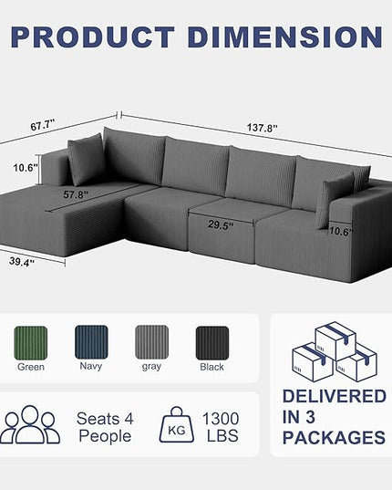 138" Boneless Couches for Living Room, Modular Cloud Couch Sofa - 4 Pieces L Shap Corduroy Sectional Sofa, Fluffy Memory Foam Sleeper Sofa Furniture, No Assembly, Wide Armrest, Grey