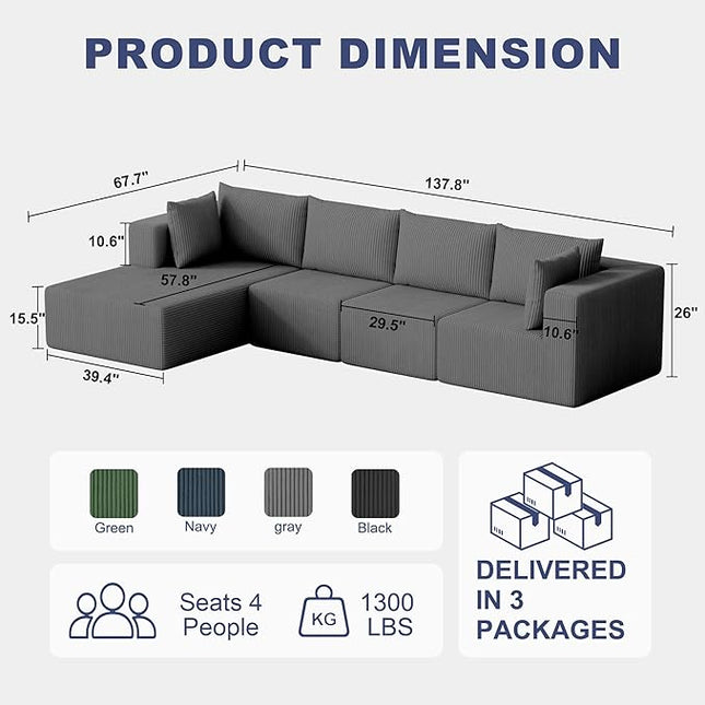 138" Boneless Couches for Living Room, Modular Cloud Couch Sofa - 4 Pieces L Shap Corduroy Sectional Sofa, Fluffy Memory Foam Sleeper Sofa Furniture, No Assembly, Wide Armrest, Grey
