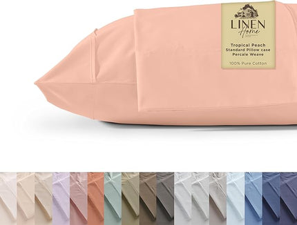 Linen Home 100% Cotton Percale Pillowcases Queen Size, Tropical Peach, 2 Pieces of Pillow Case, Crisp and Cool Strong Bed Linen, 20 inches X 30 inches