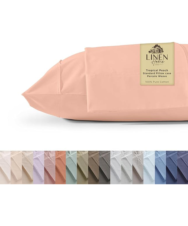 Linen Home 100% Cotton Percale Pillowcases Queen Size, Tropical Peach, 2 Pieces of Pillow Case, Crisp and Cool Strong Bed Linen, 20 inches X 30 inches
