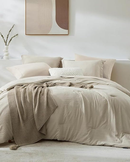 WRENSONGE King Size Comforter Set, 7 Pieces Soft Light Oatmeal Bed in a Bag King with Fitted Sheet, Flat Sheet, 2 Pillow Shams, and 2 Pillowcases- Warm Bedding Set for All Season
