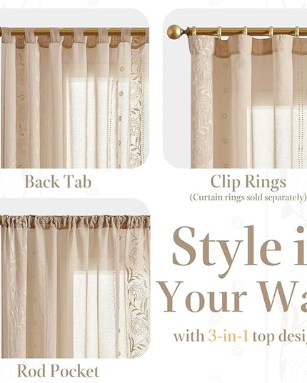 jinchan Winslow Sheer Curtains 63 Inch Length for Dorm Bedroom Bordered Floral Pattern Decorations Short Curtains Light Filtering Window Treatments, 50W x 63L, Ivory on Beige, 2 Panels
