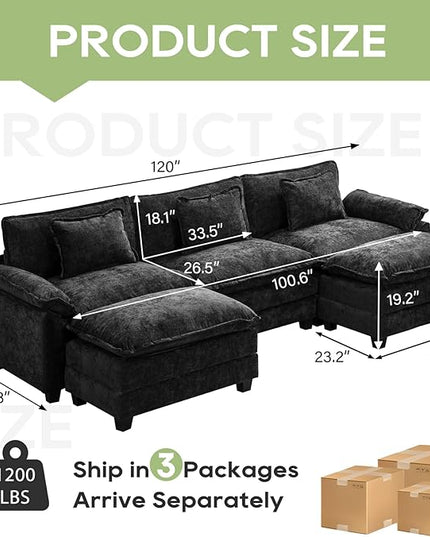 120" Modular Sectional Sofa, Comfy Cloud Couch Sectional Sofa with Ottoman, Chenille Sofa Sleeper Deep Seat Sofa with Throw Pillows for Living Room (Black, 120"- U Shape)