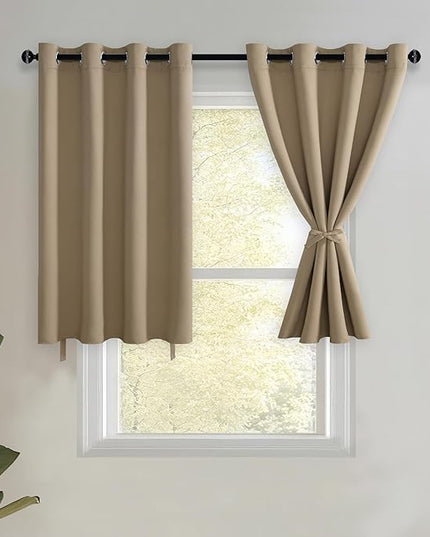 JIUZHEN Short Curtains Kitchen Half Window Blackout Curtains with Tiebacks for Baseroom Shadows, Grommet Curtains for Living Room, Set of 2 Window Curtain Panels, 52 x 38 Inch Length，Camel