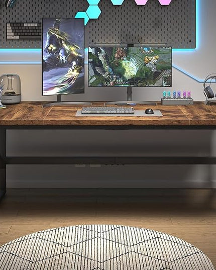 HSH Large Rustic Brown Computer Desk, 70 Inch Home Office Metal Wood Desk for 2 Person, Farmhouse Extra Long Writing Study Gaming Table, Bedroom Living Room PC Laptop Dual Monitor Desk