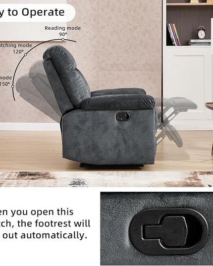 CANMOV Manual Recliner Single Sofa, Wall-Hugger Reclining Couch, Upholstered Sofa Chair with Armrests, Fabric Reclining Couch with Soft Cushion for Living Room, Grey
