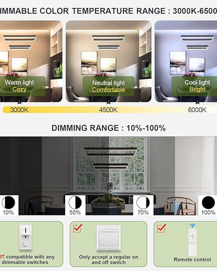 2 Rings Modern LED Chandelier Black 23.6inch Rectangle Dimmable LED Pendant Light with Remote Control 2 Tier Flush Mount High Ceiling Light for Dining Living Room Foyer(3000K-6500K, H59)