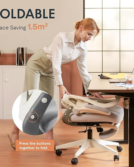 FLEXISPOT Foldex Ergonomic Office Chair, Folding Chair for Small Spaces with Lumbar Support, Flip-up Armrests, 3D Headrest, Desk Chairs with Footrest for Work,Video Game (Foam Seat, Cream)