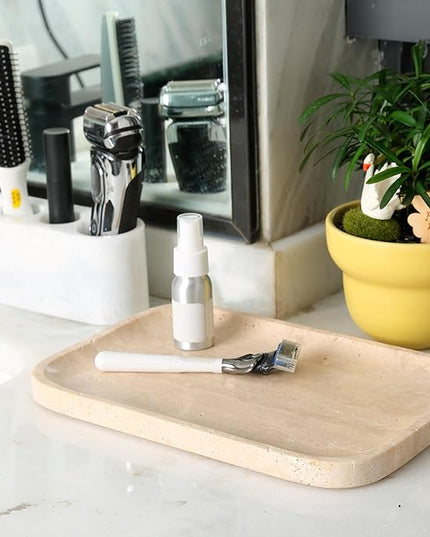Marble Vanity Tray for Dresser Organizer, Travertine Bathroom Tray Countertop, Beige Decorative Serving Trays, Kitchen Sink Storage, Jewelry & Perfume Holder(Travertino Romano)