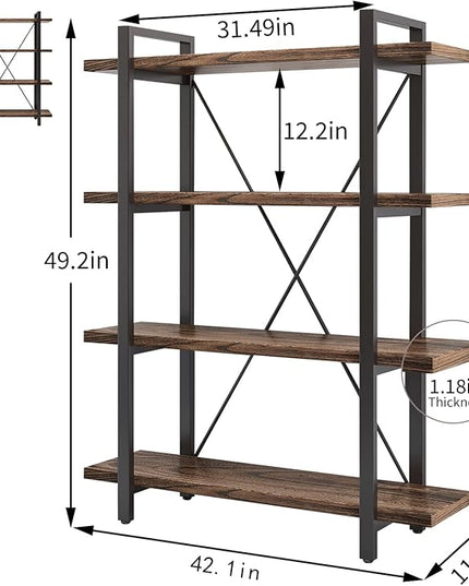 4 Tier Bookshelf Solid Wood Bookcase and Book Shelves Wood and Metal Shelving Rustic Open Bookshelf Office,Distressed Brown (AY-02-4Tier)