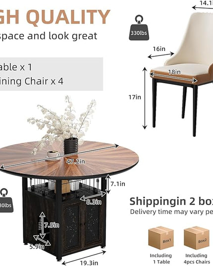 47" Round Dining Table Set for 4-6 People, Large Farmhouse Kitchen Dining Table Set with Chairs and Storage Rack, Metal Base Round Table for Home Dining Room Living Room (Cat table and 4 brown chairs)