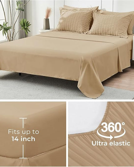 HYMOKEGE Khaki King Size Comforter Set Seersucker 7 Pieces, All Season Luxury Bed in a Bag for Bedroom, Bedding Set with Comforter, Sheets, Pillowcases & Shams