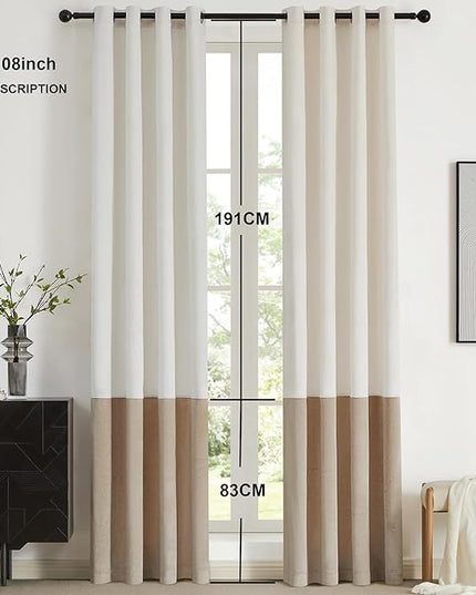 BULBUL Color Block Window Curtains Panels 108 inches Long Cream Ivory Champagne Velvet Farmhouse Drapes for Bedroom Living Room Darkening Treatment with Grommet Set of 2