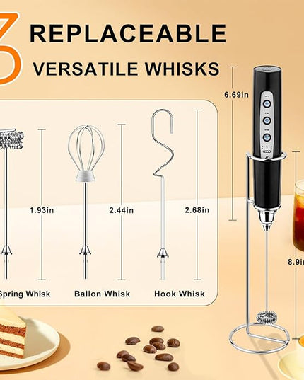 YUSWKO Handheld Milk Frother Wand for Coffee, Rechargeable Electric Whisk with 3 Heads 3 Speeds Drink Mixer Coffee Frother For Latte, Cappuccino, Hot Chocolate, Egg (With Stand, Light Black)