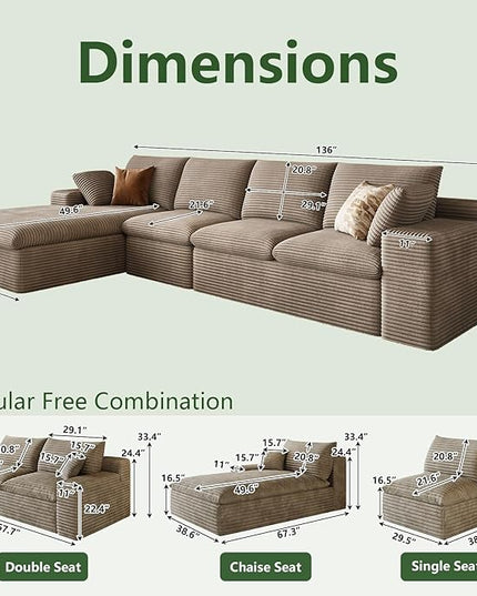 136" Cloud Couch Modular Sectional Sofa for Living Room, L-Shape Boneless Couch with Deep Seat, Modern Corduroy 4-Seater, No Assembly Required (Camel,Left-Facing Chaise)