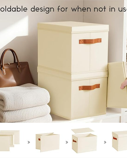 Storage Bins with Lids - Large Fabric Closet Bins with Lid, 6 Pack Clothes Organizers and Storage, Collapsible Stackable Cube Basket for Home, Office, Dorm, Beige